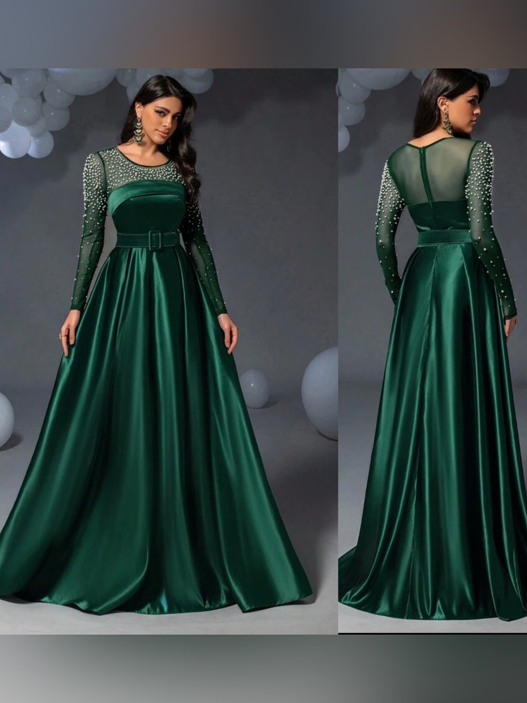 Emerald Green Satin Evening Gown With Beaded Sheer Neck & Sleeves